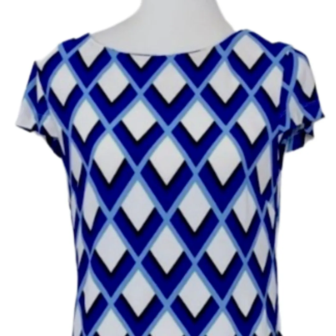 Jessica Howard Women's Shift Dress Cap Sleeve Blue White Geo Print Size Medium - Image 5
