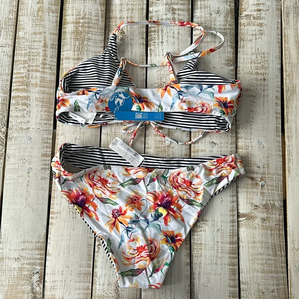 Cupshe Reversible Floral and Striped Bikini Set Swimsuit Size M New NWT - Image 5
