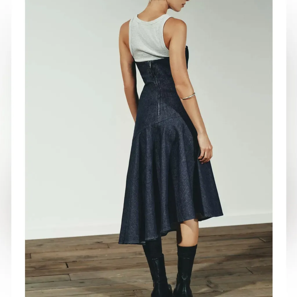 Zara NWT dark denim blue asymmetric hem strapless tube midi dress - Image 7