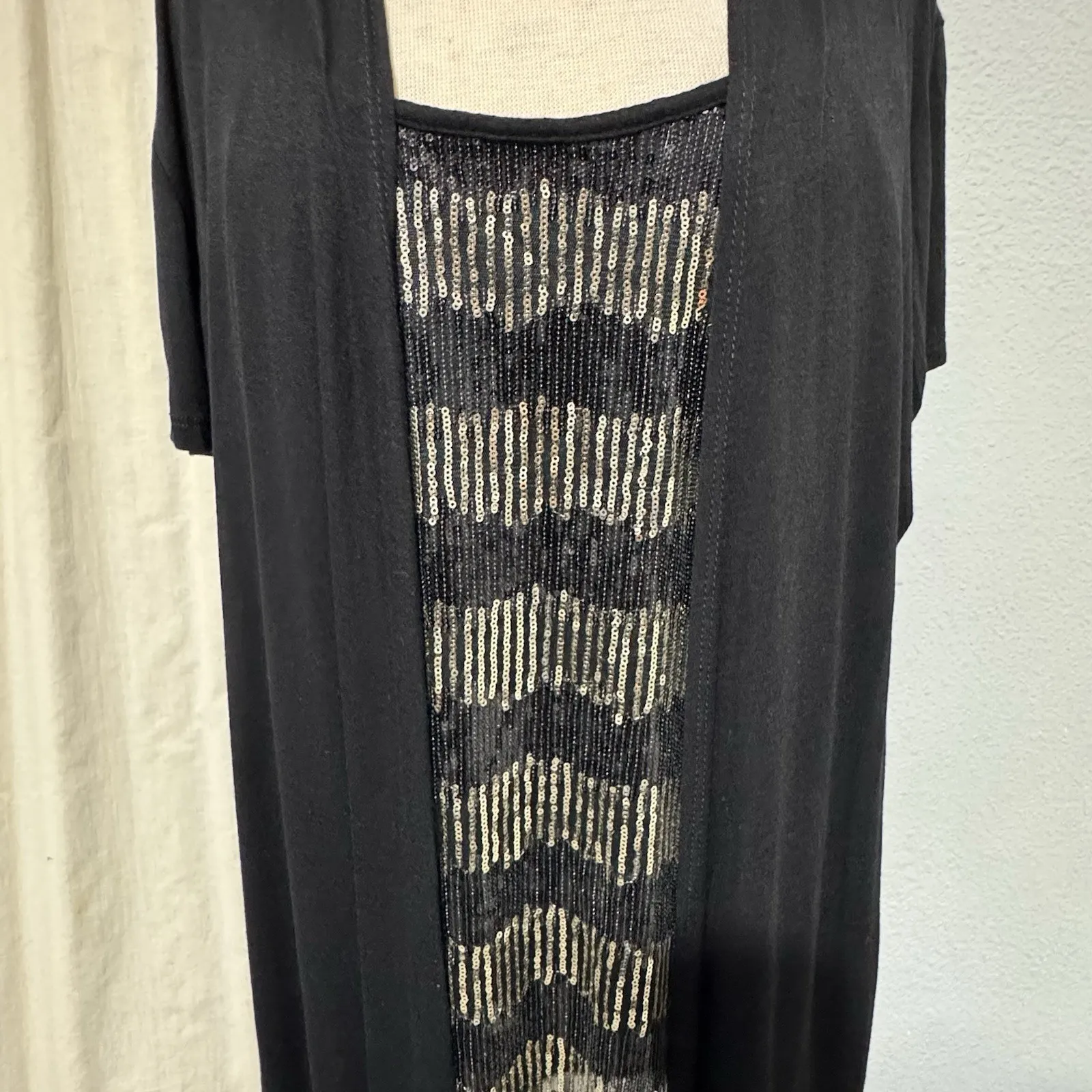 LAVISH Women Black Short Sleeve Open-Front Cardigan Silver Sequined Inner Top XL - Image 2