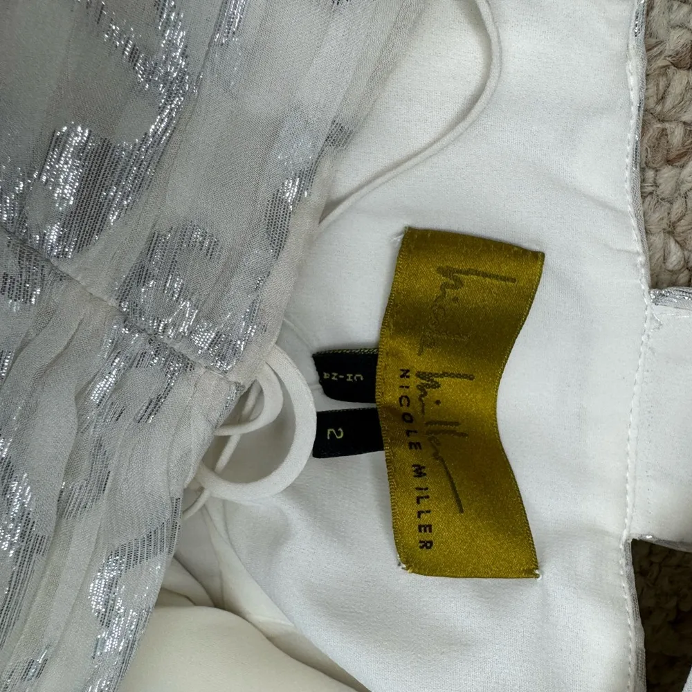 Nicole Miller Silk One Shoulder Dress Maxi 10 Long Foil Silver White Gown Size 2 - Image 14