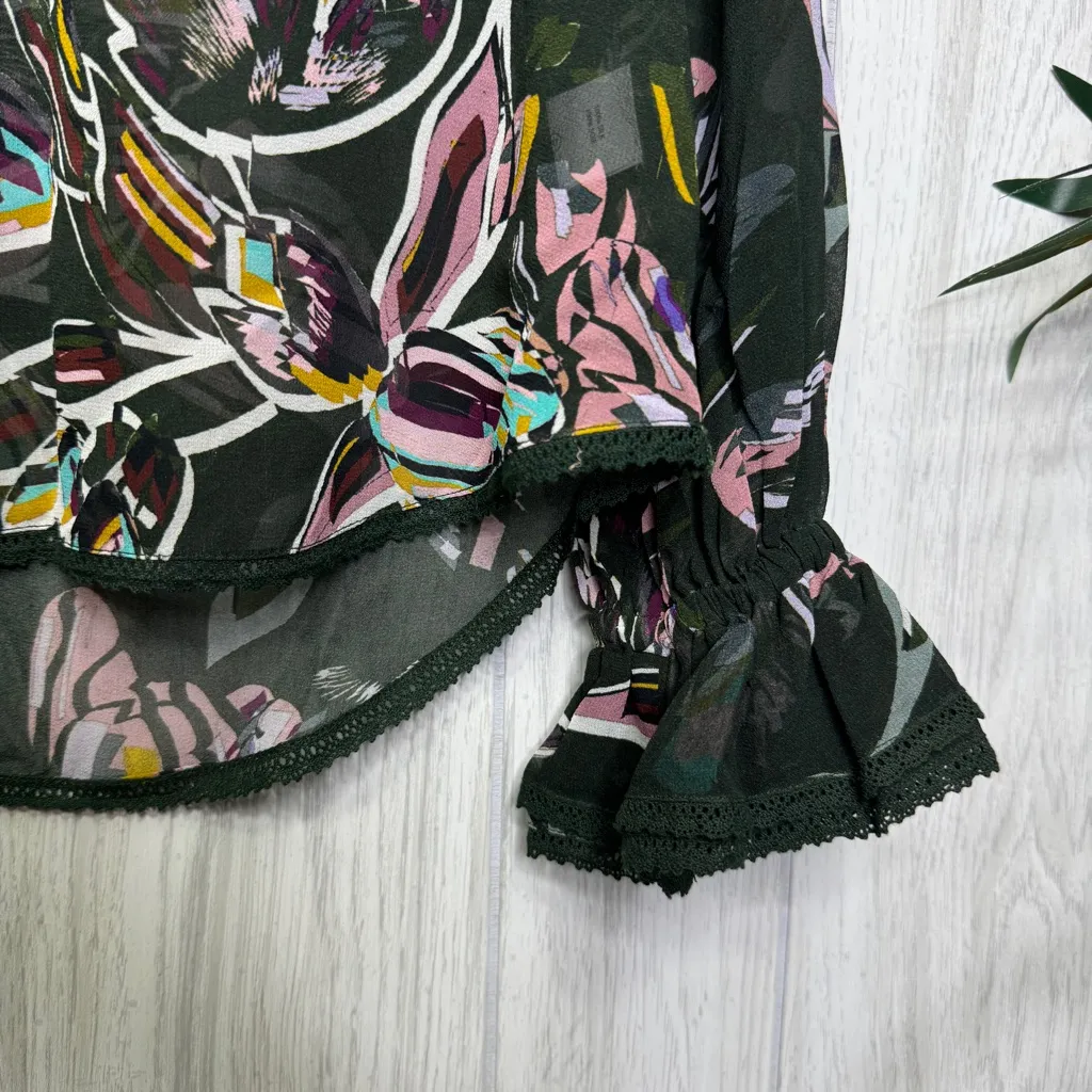 Anthropologie Tryb 100% Silk Floral Sheer Peasant Top Blouse size XS Extra Small - Image 9