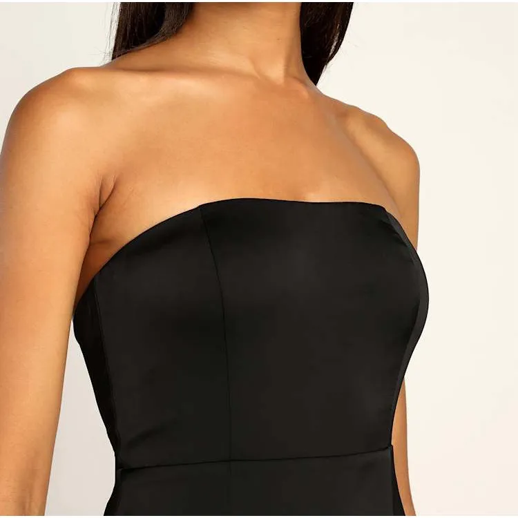 LULU’S Blissfully Beautiful Black Satin Strapless Tiered Maxi Dress - Image 3