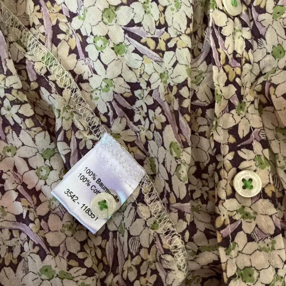 Floral Button Up Shirt Cream Brown Purple Print Long Sleeve Cotton‎ Casual - Image 3