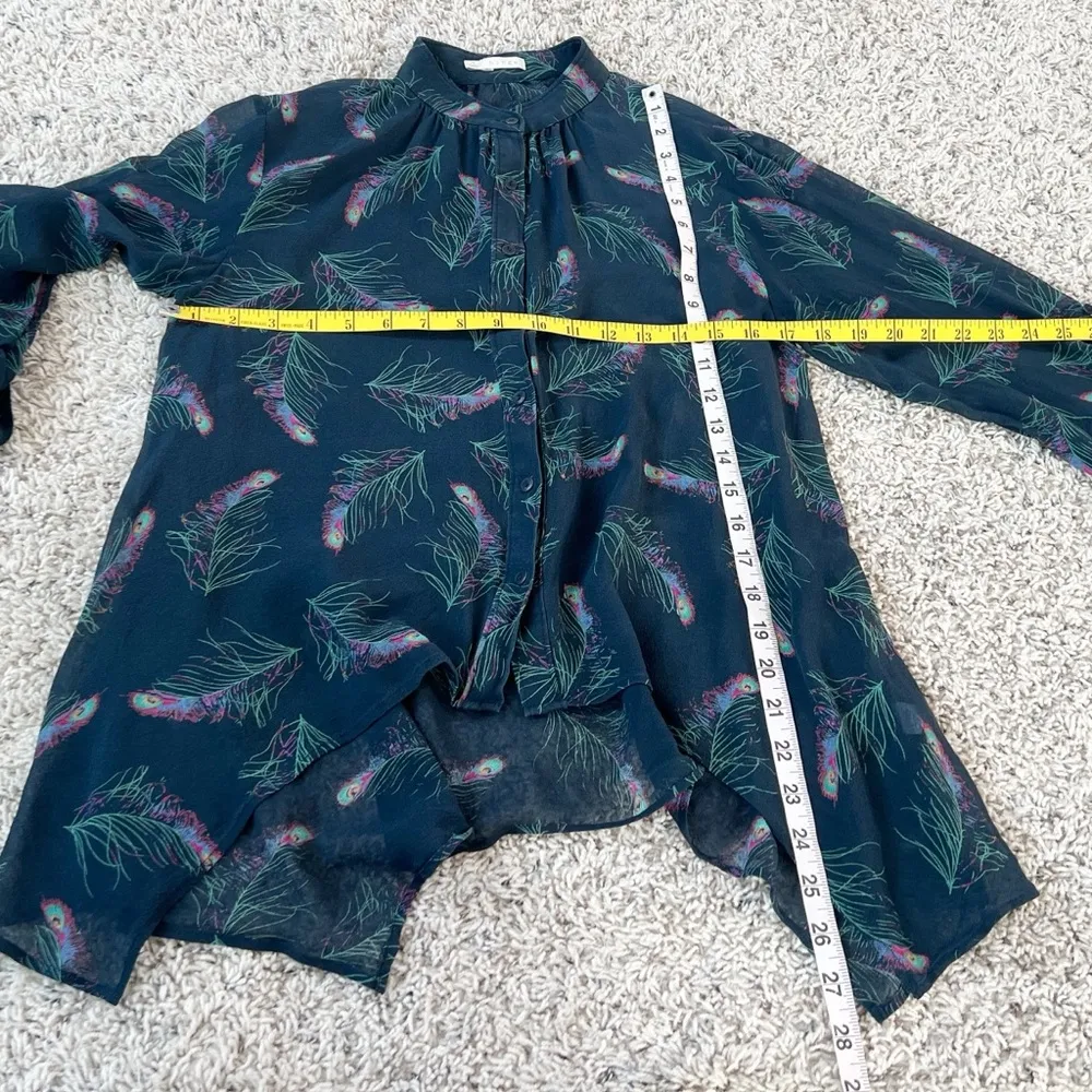 Hinge 100% Silk Peacock Button Blouse Handkerchief Hem Small Sheer Blue Green - Image 5