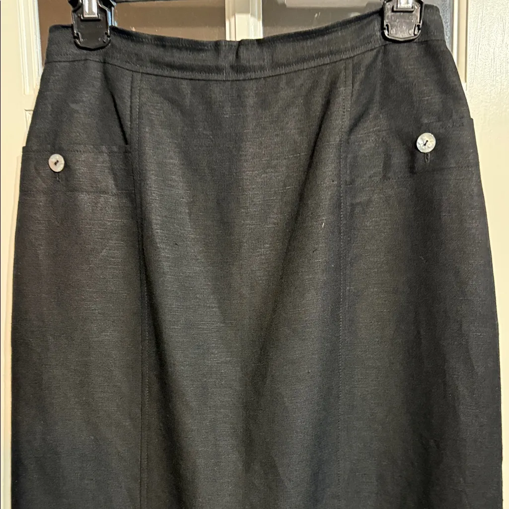 DAVID N. Vintage 80s 90s Black Linen Pencil Midi Skirt Abalone Buttons Size 8 - Image 3