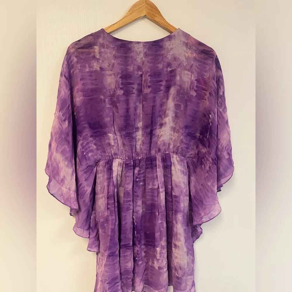 Alice and Olivia purple tie dye kimono dress mini beach Kaftan 100 % Silk Size S - Image 4