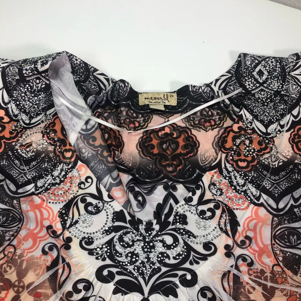 One World 2x y2k  sheer boho paisley print rhinestone festival flowy top blouse - Image 4