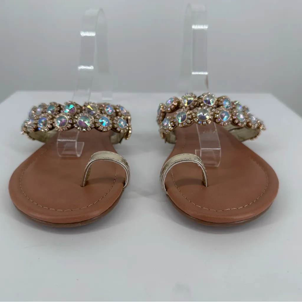 Thalia Sodi Joya Faux Leather Rhinestone Strap Flat Sandals sz 6.5 Crystals Toe - Image 3