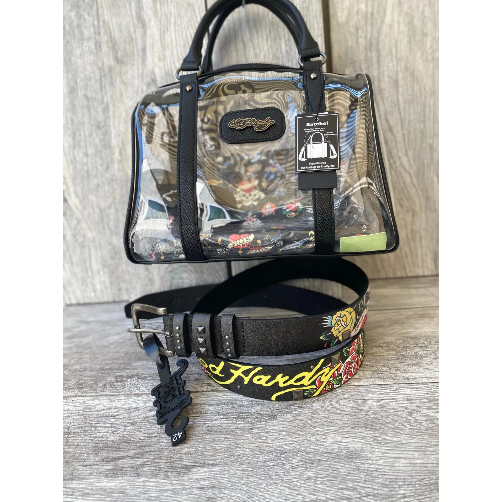 Ed Hardy Tattoo Belt & Clear Satchel Set | Rockabilly Style, Vegan, Size 42 - Image 2