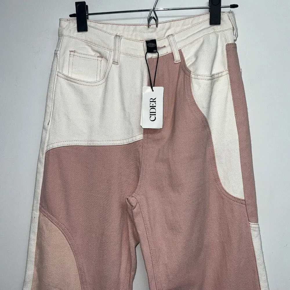 Cider Jeans Womens Extra Small Patchy Straight Leg Denim Pants Pink Color Block - Image 2