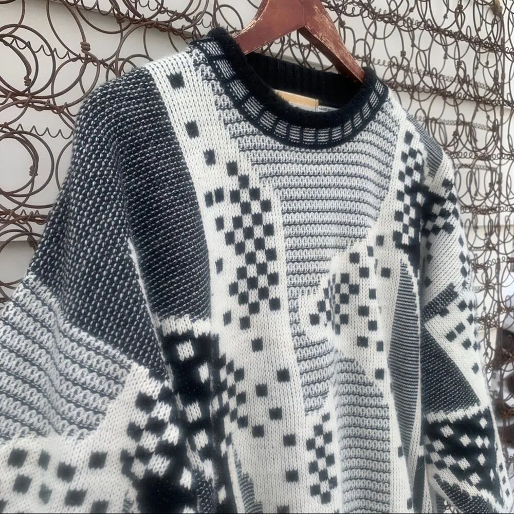 Vintage London Fog black white aspens abstract geometric sweater wool LARGE - Image 3