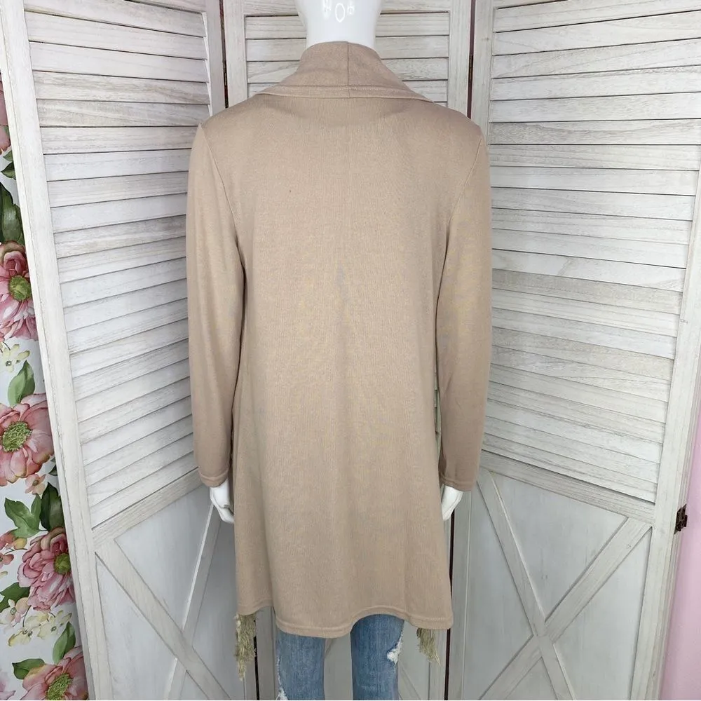 Boho Fringe Hem Waterfall Cardigan Knit Khaki Tan Small Open Front Long Sleeve - Image 4