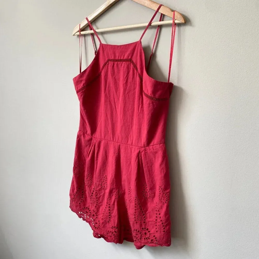 Blue Rain Women's Medium Sleeveless High Neck Boho Eyelet Scalloped Red Romper - Image 9