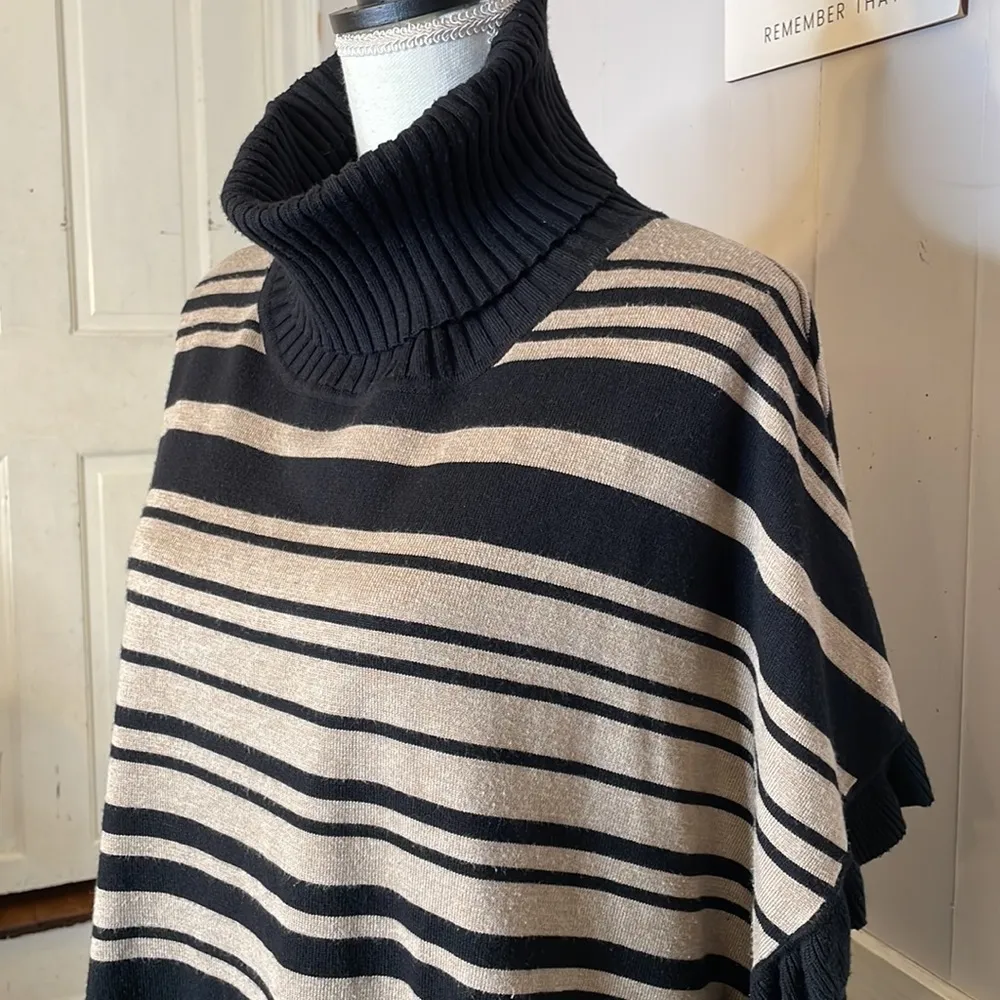 Pullover Poncho cape Turtleneck Sweater Ruffle Hem Black Beige Joseph A Striped - Image 2