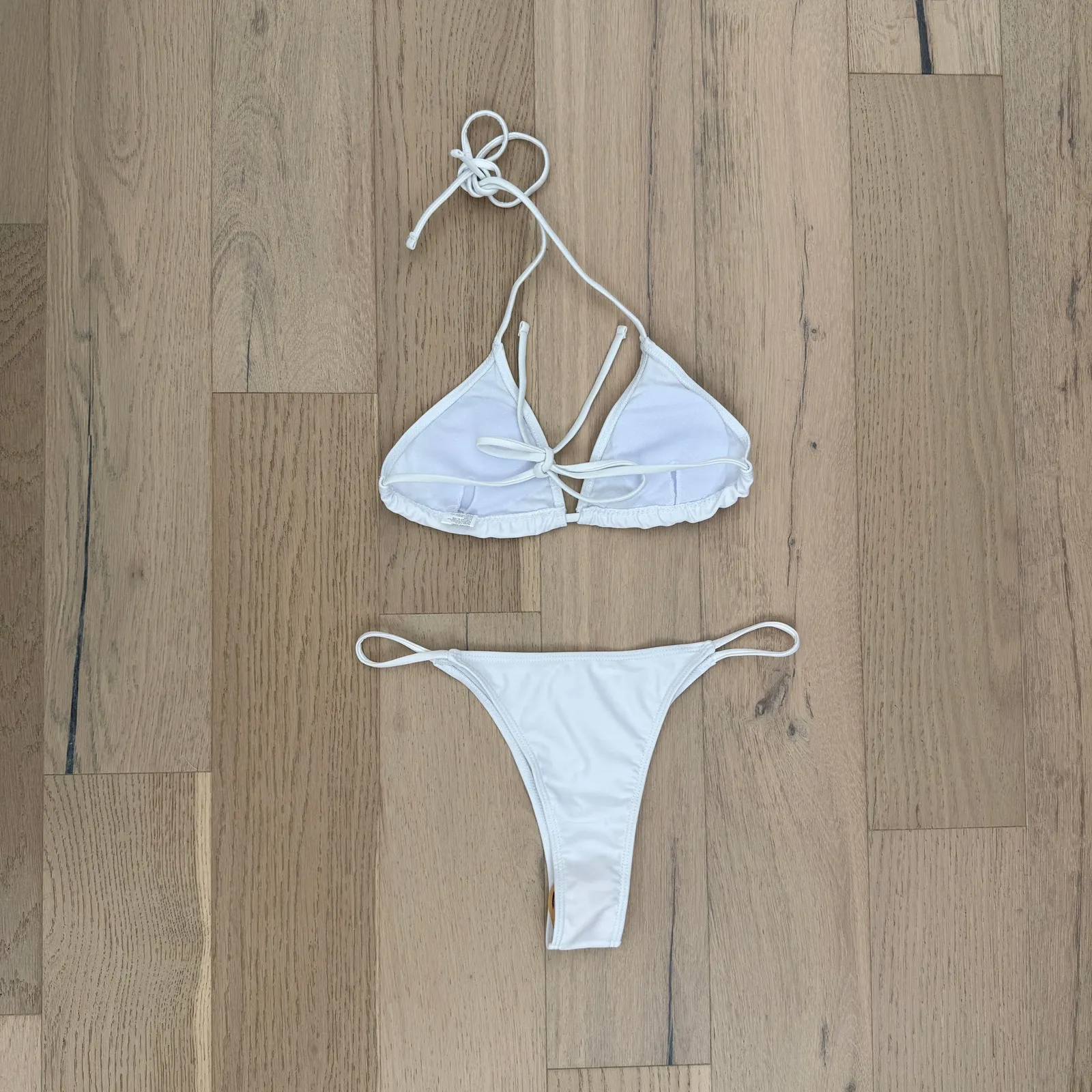 Women's Bikini Set Size S White Triangle Top Tie Side Bottom Swim Sexy Minimal - Image 3
