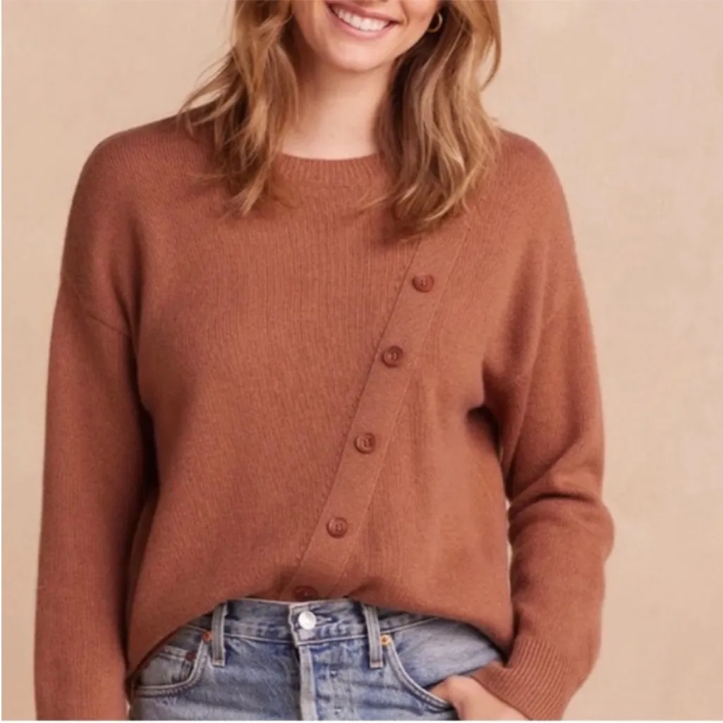 Summersalt The Luxe Cashmere Wool Blend Button Crew Neck Sweater Tan Brown S - Image 2
