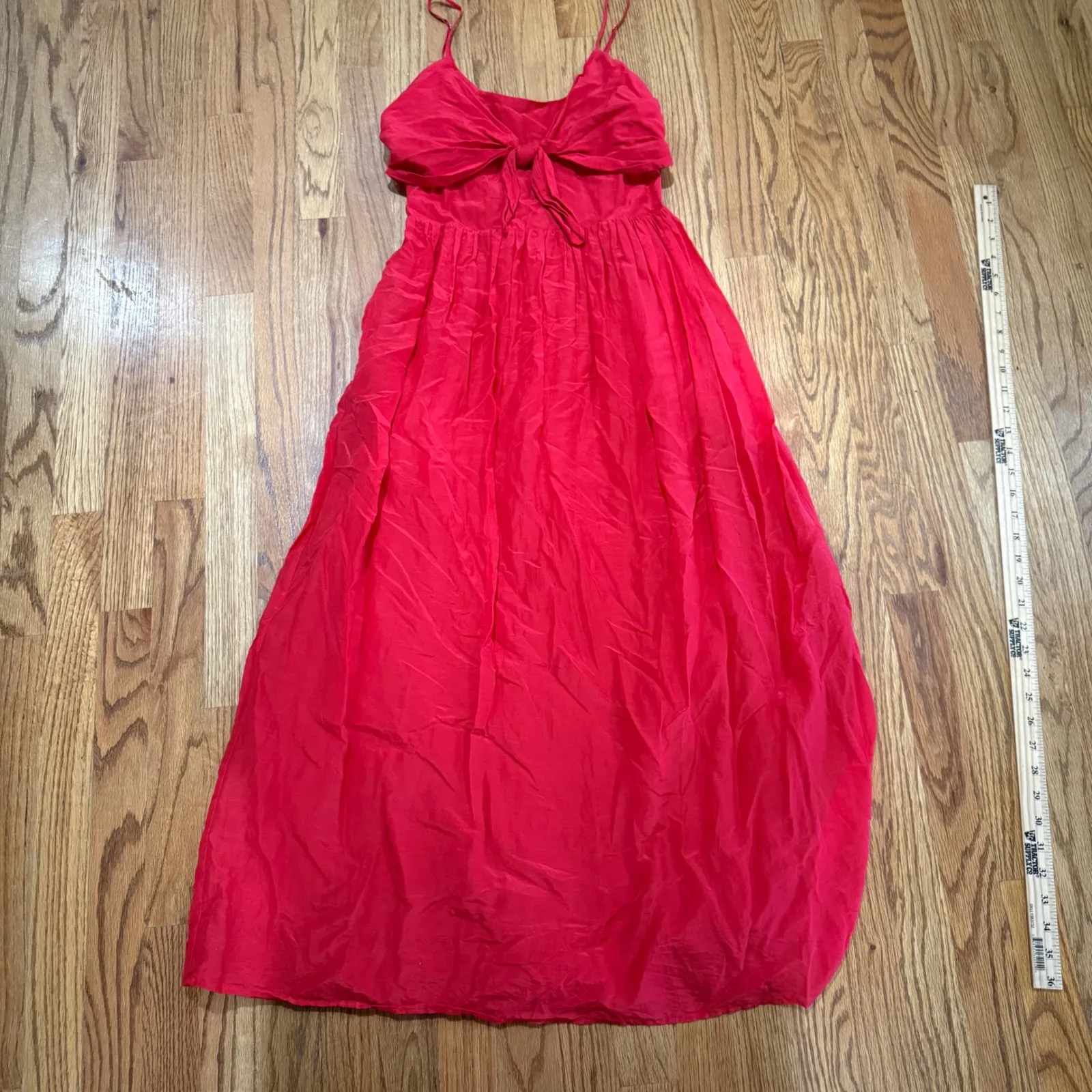 Bird & Knoll Red Tie Front Maxi Dress Spaghetti Straps Smocked Bodice Size S - Image 2