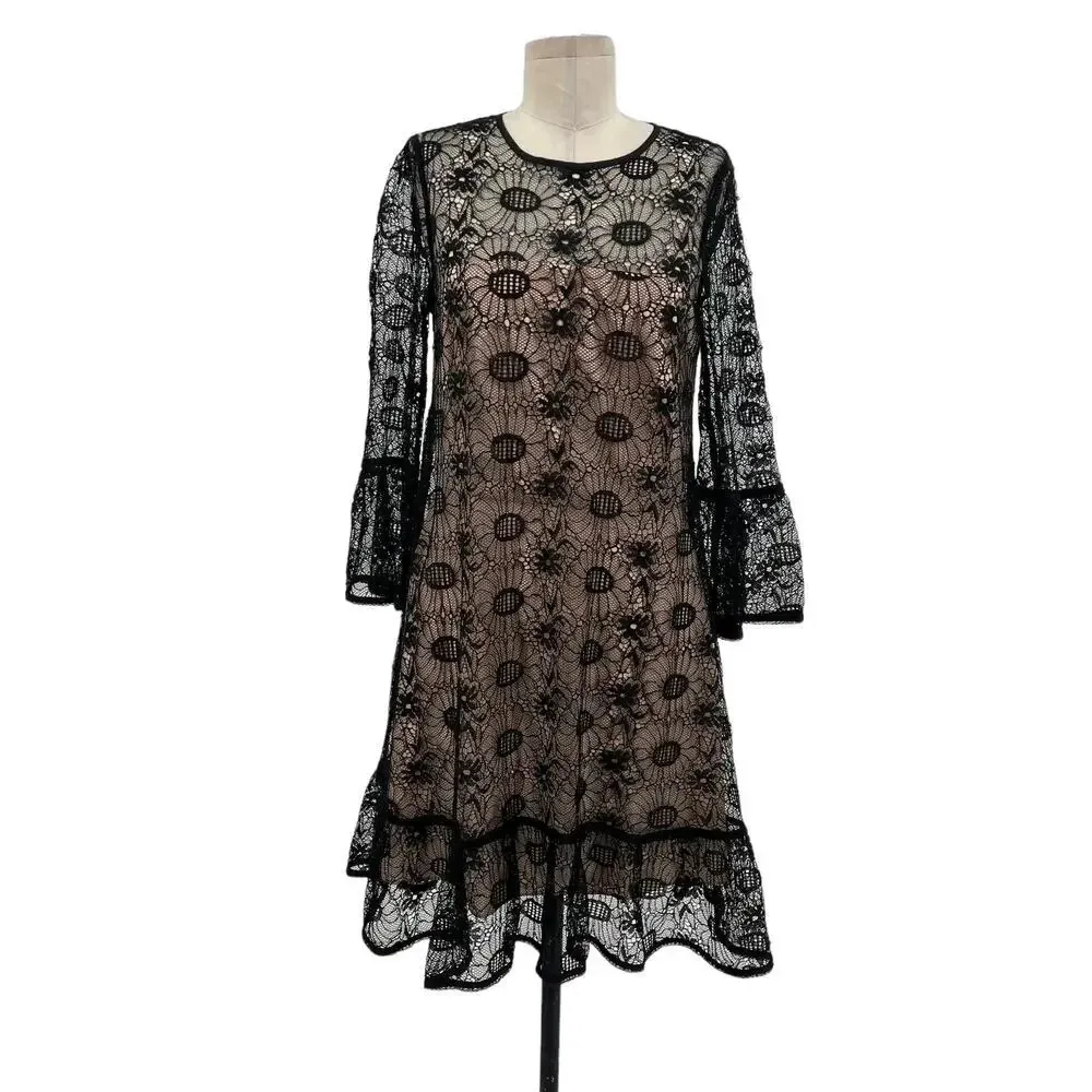 Reiss Jade Lace Dress Black Nude A-Line Bell‎ Sleeve Embroidered Size US 6 - Image 3