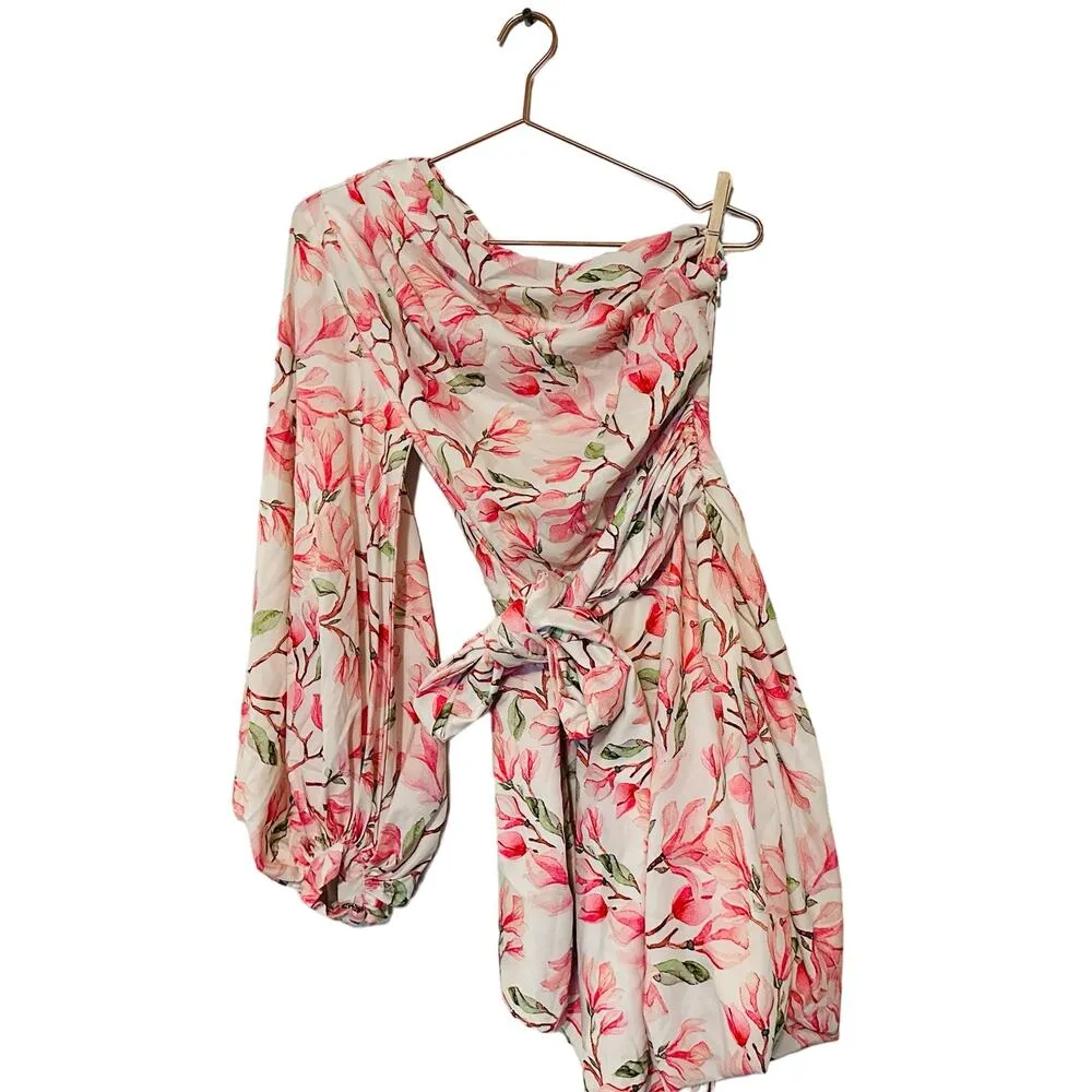 BRONX AND BANCO Layla Floral Pink White One Shoulder Silk Bow Mini Dress Size S - Image 6