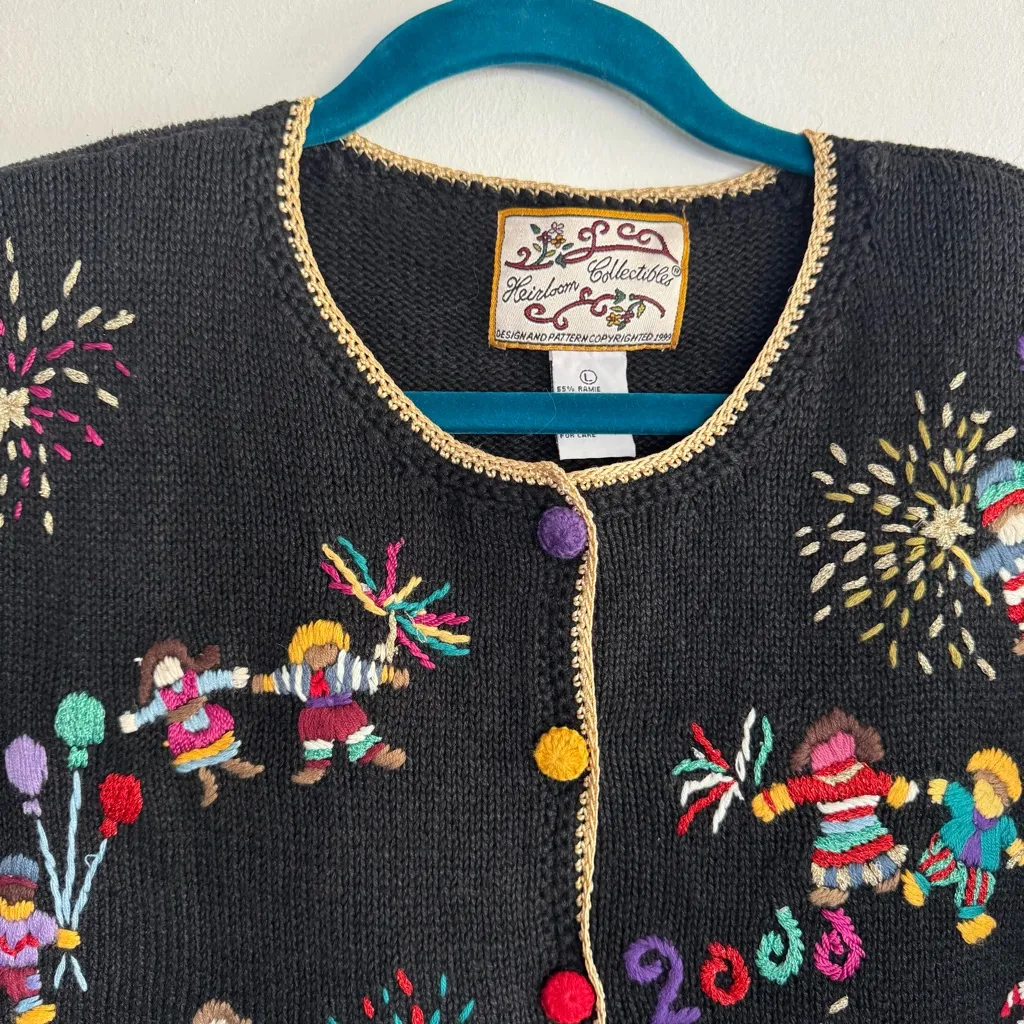 Vintage 1999 Heirloom Collectibles World Party 2000 Cardigan Sweater‎ Y2K Size L Black Size L - Image 6