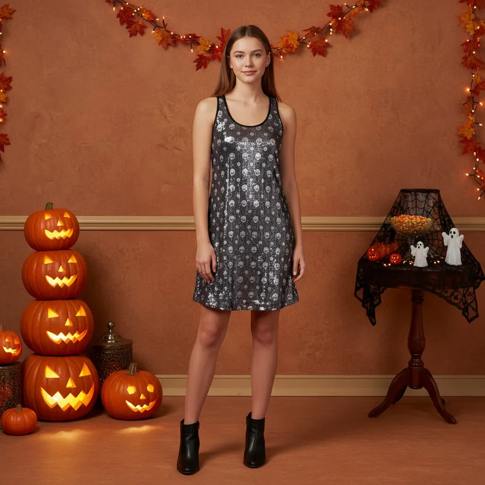 Betsey Johnson Skull Sequin Tank Dress Raceback Sz M Shiny Mini RARE grunge - Image 3