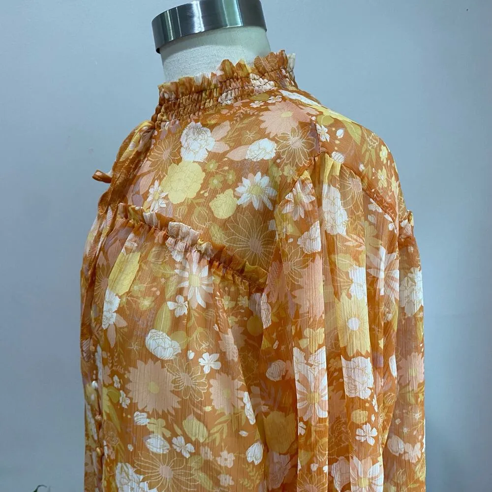 O.P.T X Anthropologie Orange Floral Sheer Smocked Long Sleeve Blouse - Image 8