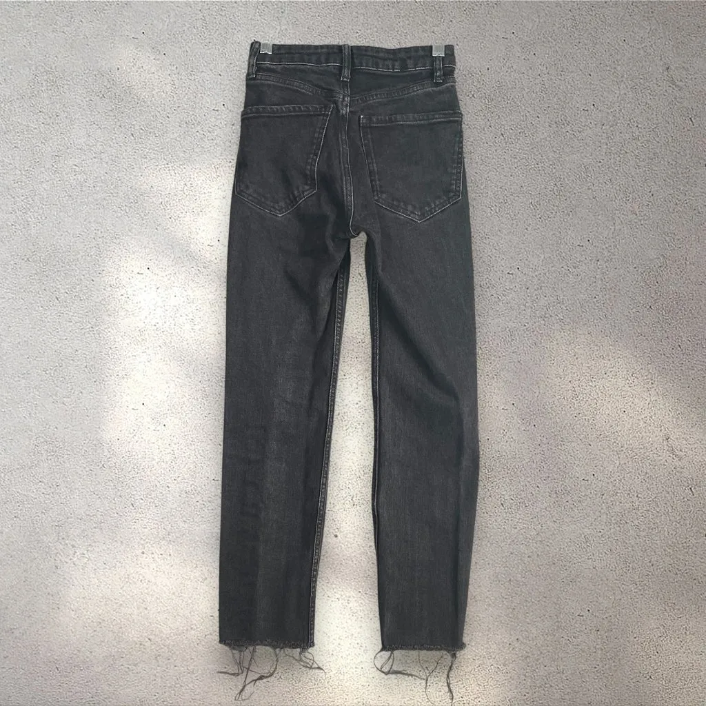 ZARA High Rise Straight Leg Jeans Women’s 0 Black Denim Raw Hem Y2K Dark Grunge - Image 2