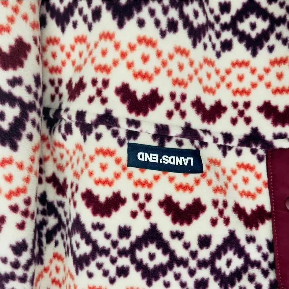 Lands End Heritage Quarter Snap Fleece Pullover Large Burgundy Orange Fair Isle - Image 4