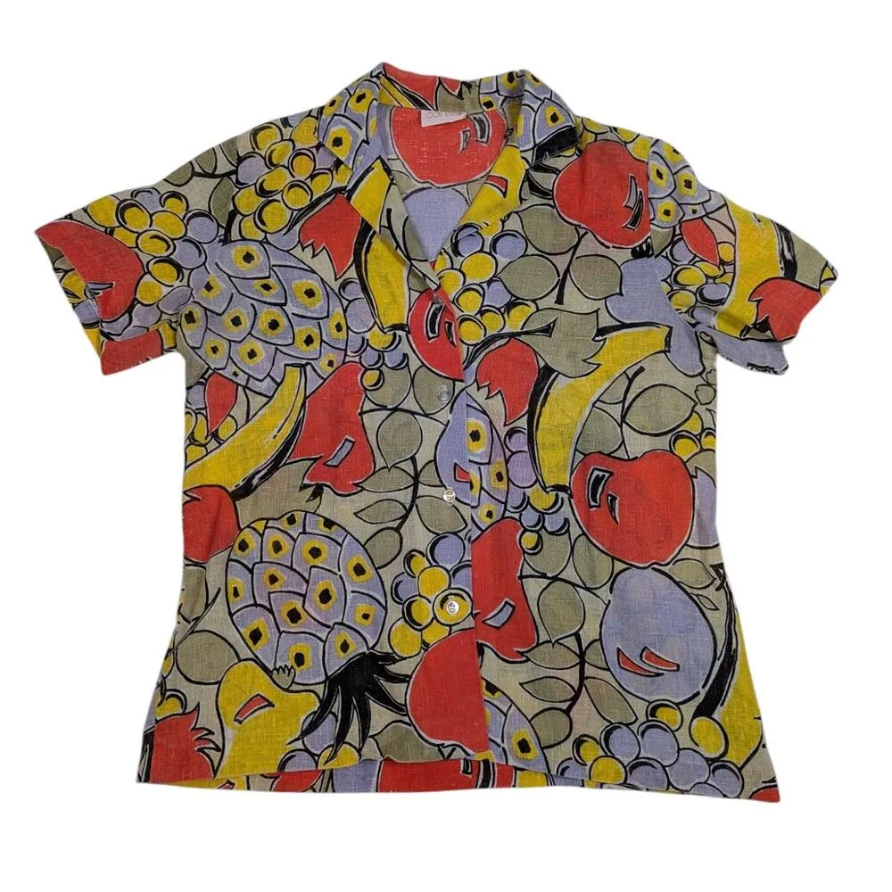 90s Vintage Tropical Print Short Sleeve Button Down Top Yellow Orange Green M - Image 2