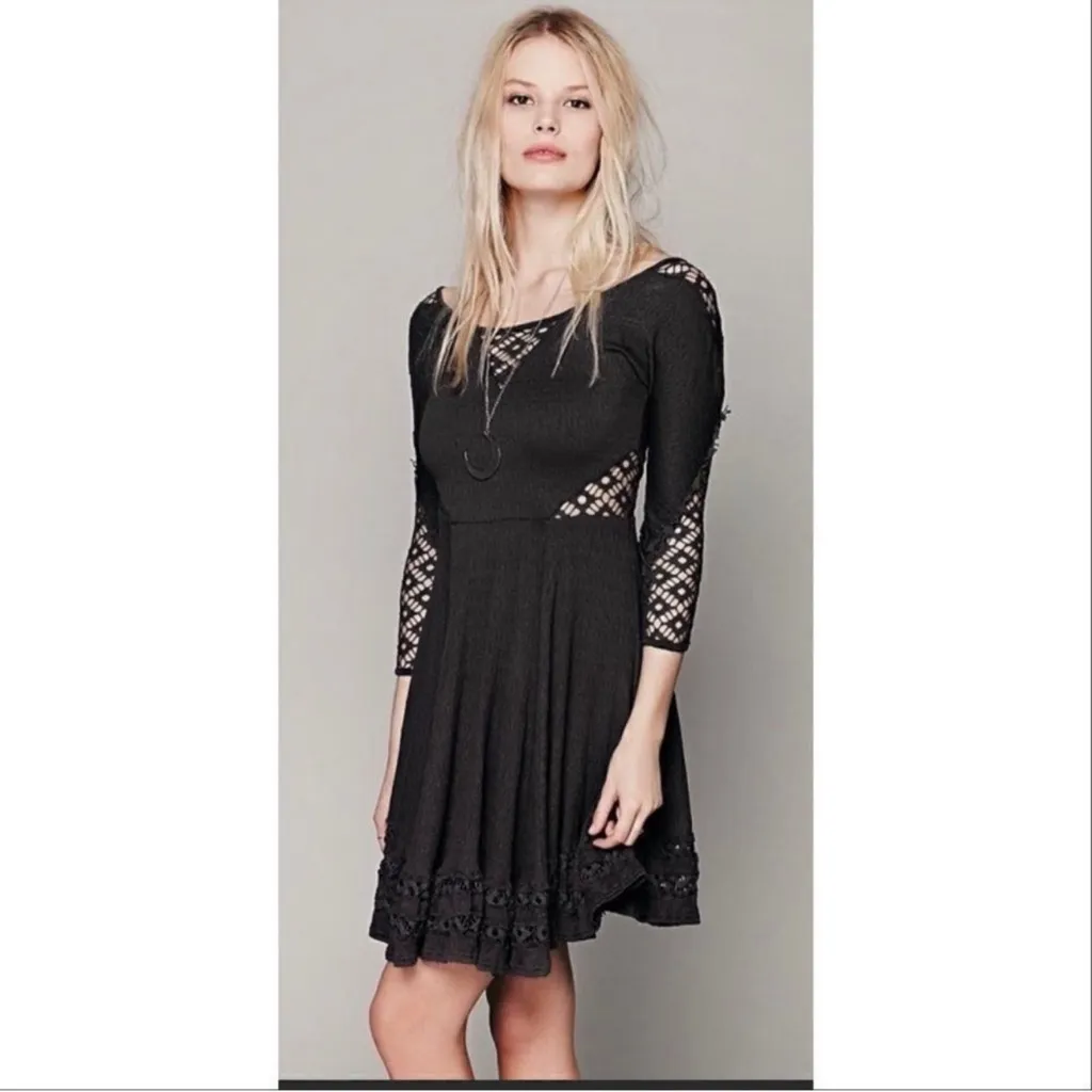 Free People To The Point Lace Cutouts Stretch Skater‎ Dress Black Small Gothic - Image 2