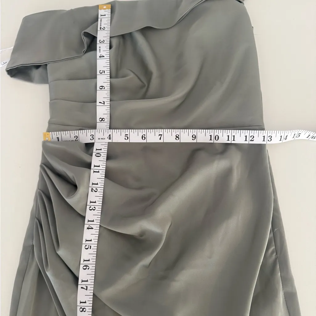 Elegant Off-Shoulder Sage Green Asymmetrical Tulip Midi Dress - Image 12