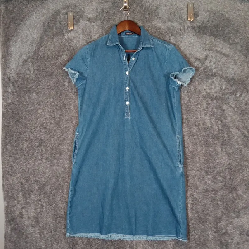 J. McLaughlin Blue Denim Dress Shift Frayed Hem Collared Pocket Casual Small - Image 3