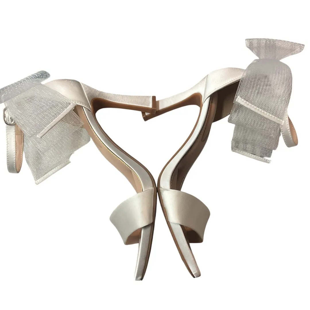Kelly‎ & Katie Nemira Bow Detail Round Toe Ankle Wrap Strap White Satin Heels 9M - Image 10
