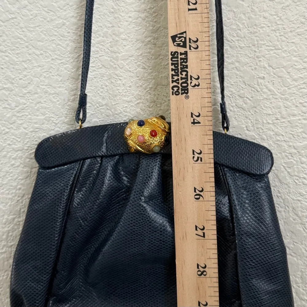 Vintage Navy Lizard Leather Goldtone Shell Gripoix Bead Clasp Evening Clutch Bag Blue - Image 10