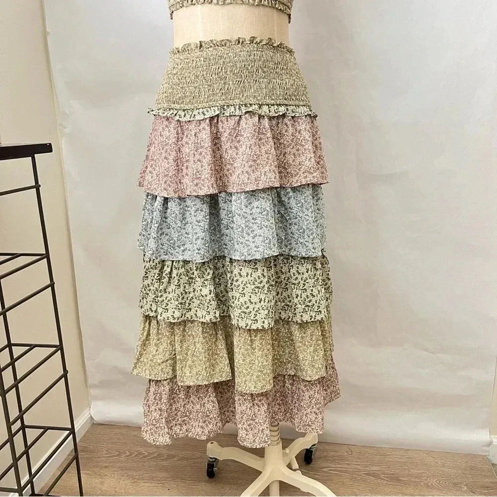 Storia Color Block Tiered Maxi Skirt Floral Smocked Waist Olive Multi Lined - Image 2