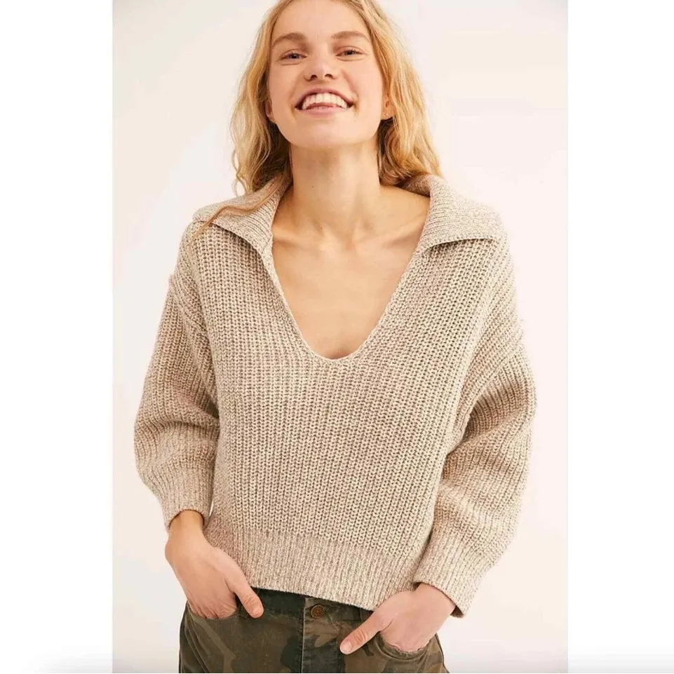 Free People Womens Size Large Love This City Blue Knit Collared Sweater Bohemian - Image 8