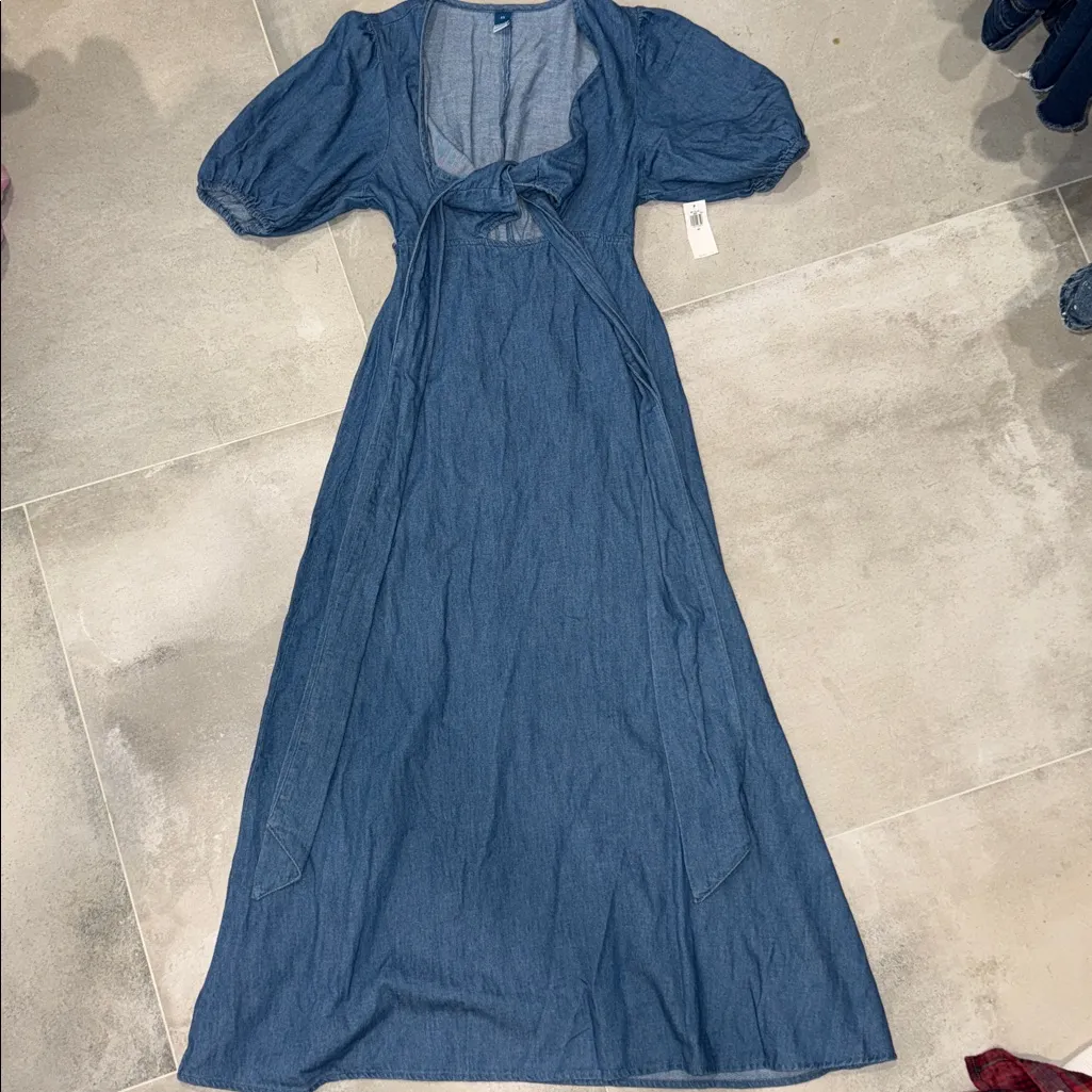Old Navy Twist Front Midi Dress Size XS Denim Puff Sleeve Cottage Boho Western - Image 5