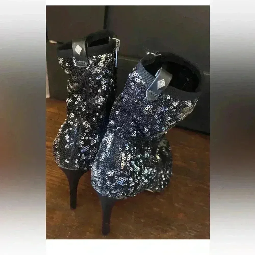 Sam Edelman  Sequined Black Pointed‎ Toe Stiletto Booties Ankle Boots Size 9.5 - Image 8