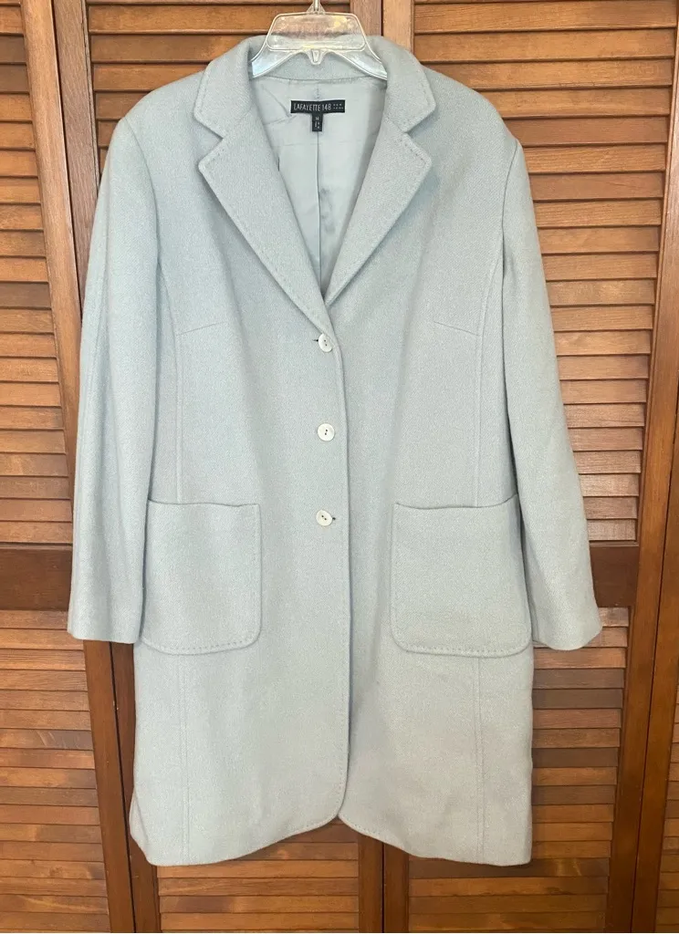 Lafayette 148 New York Blue Single Breasted Pea Coat Angora, Silk, and Wool Size 14 - Image 1