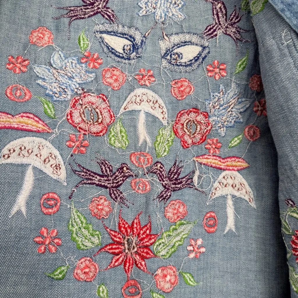 Vintage Natex Folkloric Mexican‎ Embroidered Denim Shirt Eyes Birds Mushrooms S Blue - Image 9