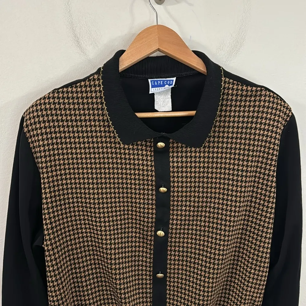 Vintage Cape Cod houndstooth print collared buttoned Sweater size XL Black - Image 3