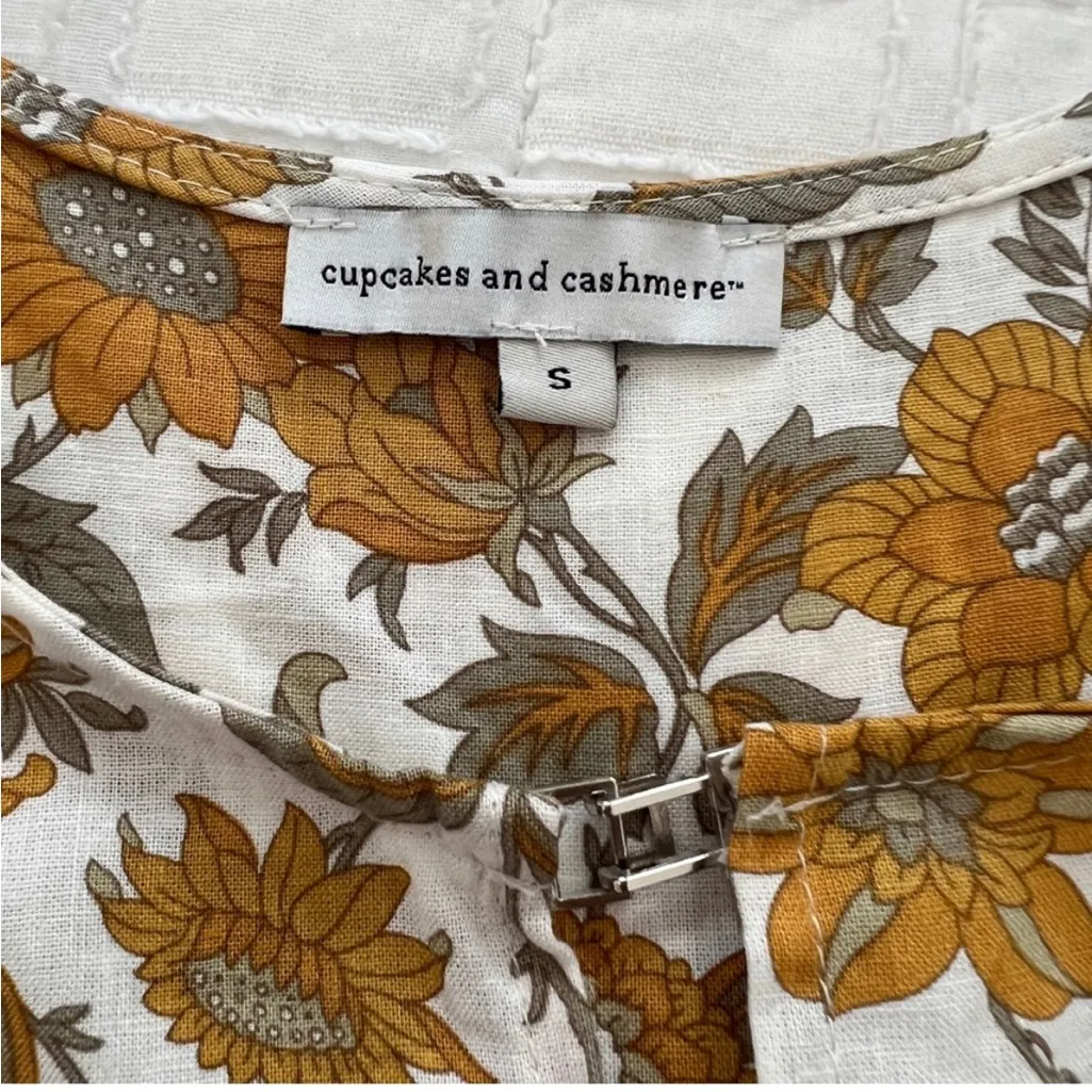 Anthropologie Cupcakes & Cashmere Sunflower Linen Puff Sleeve cottage S Gold - Image 2