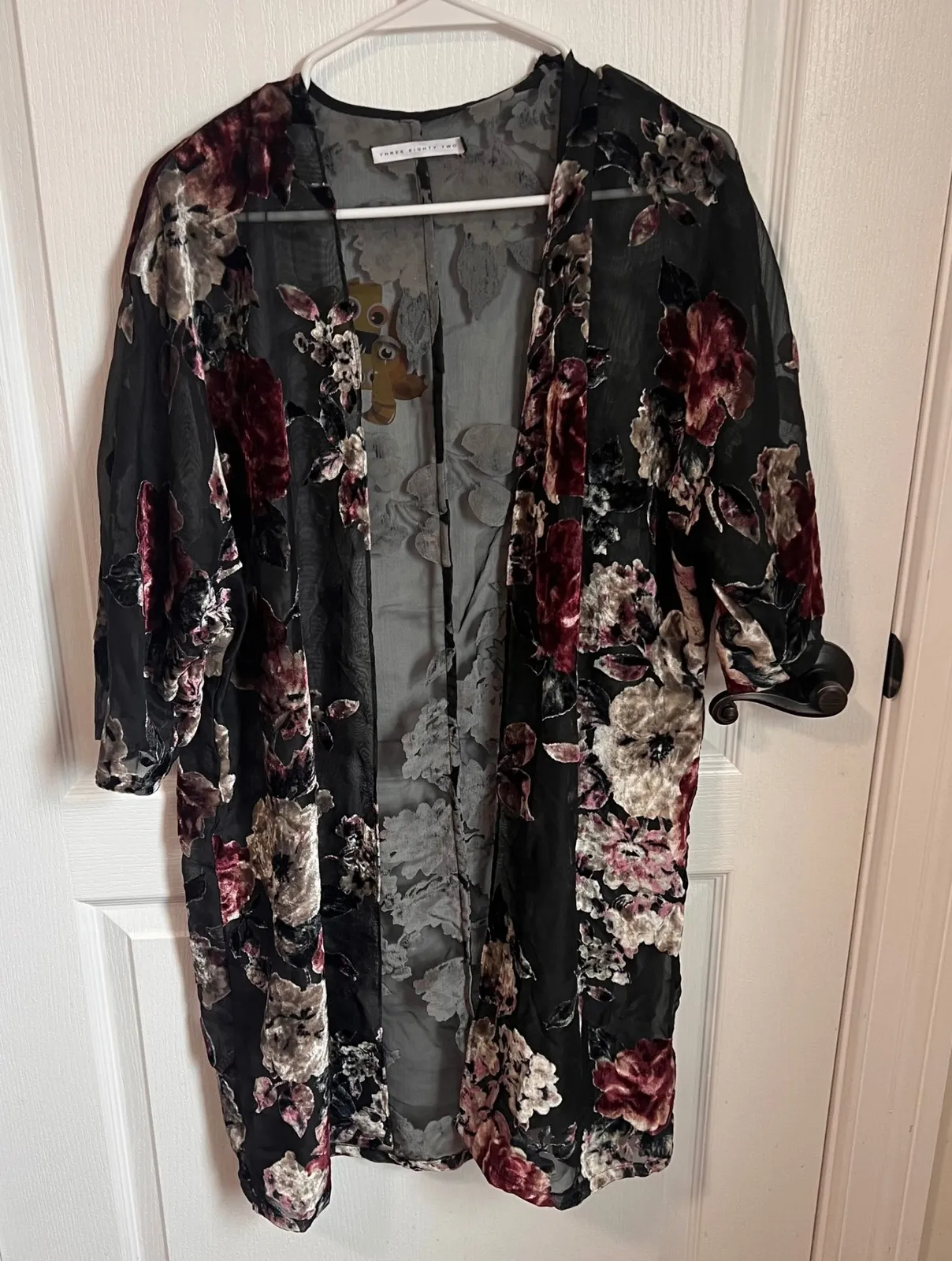 Three Eighty Two Black Floral Velvet Burnout Kimono Duster Cardigan Jacket M - Image 1