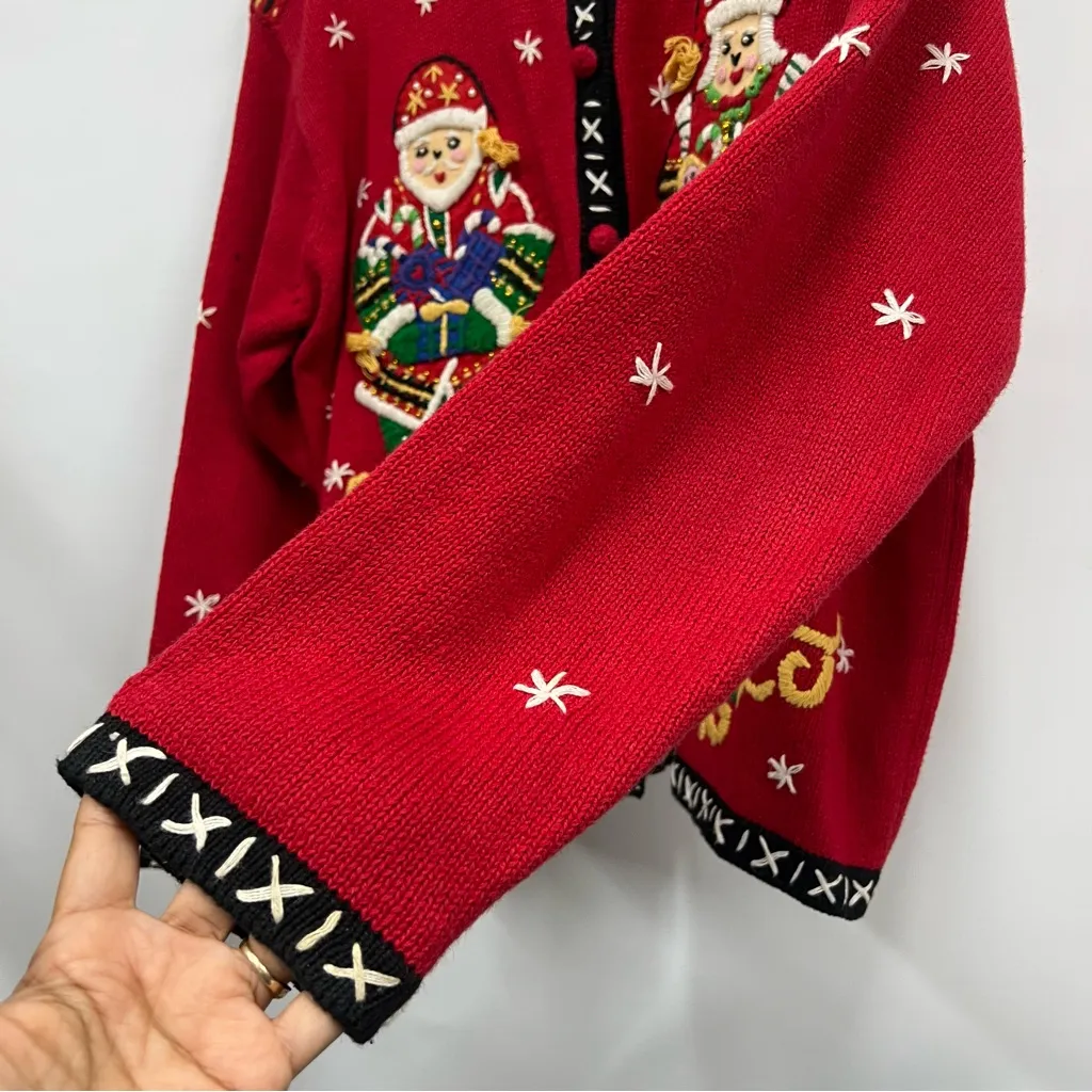 Vintage embroidery pom pom button up Red cardigan beaded Sweater size L FLAWS Size L - Image 6