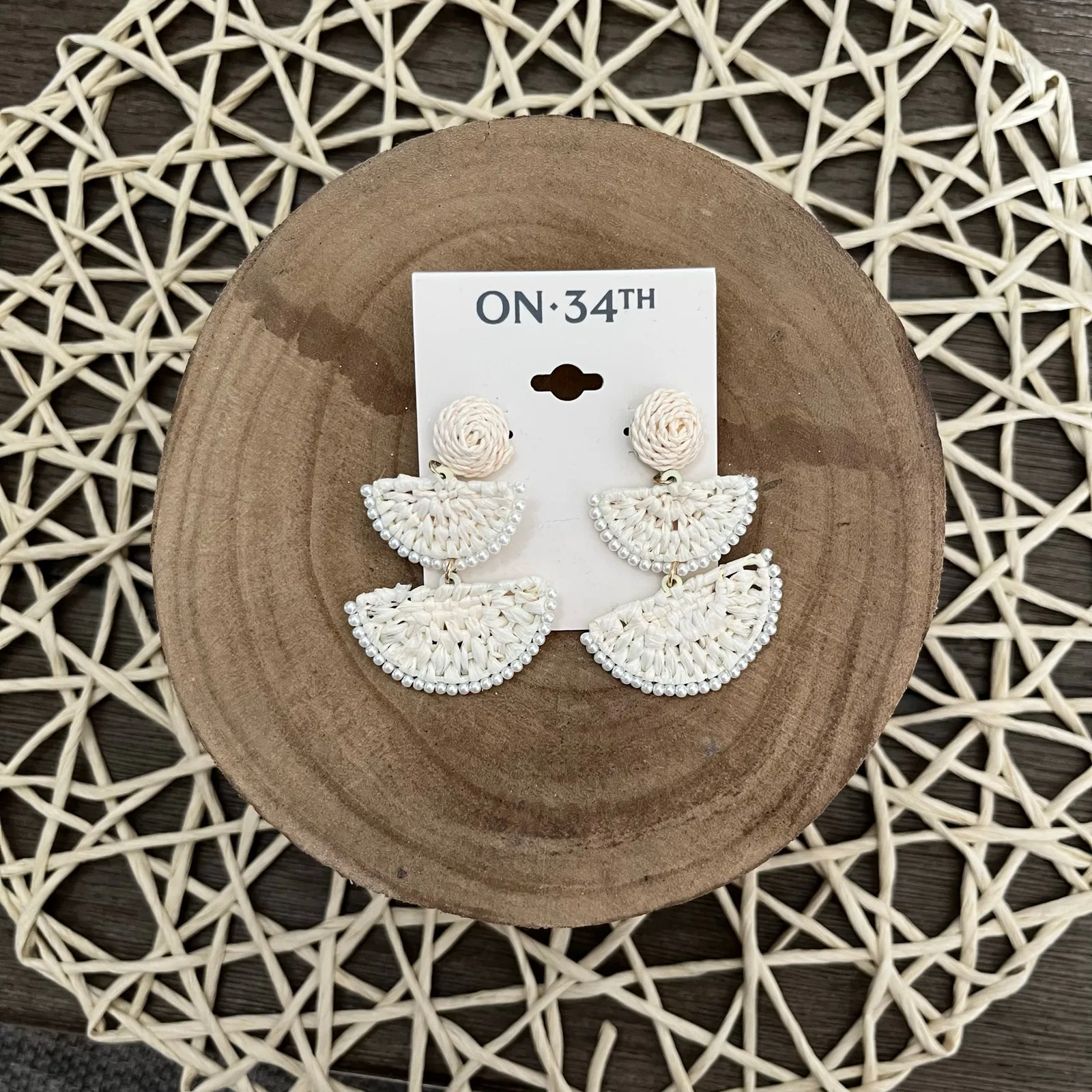 ON 34th Off White Stone Beading Boho Woven Raffia Drop Earrings - Image 4