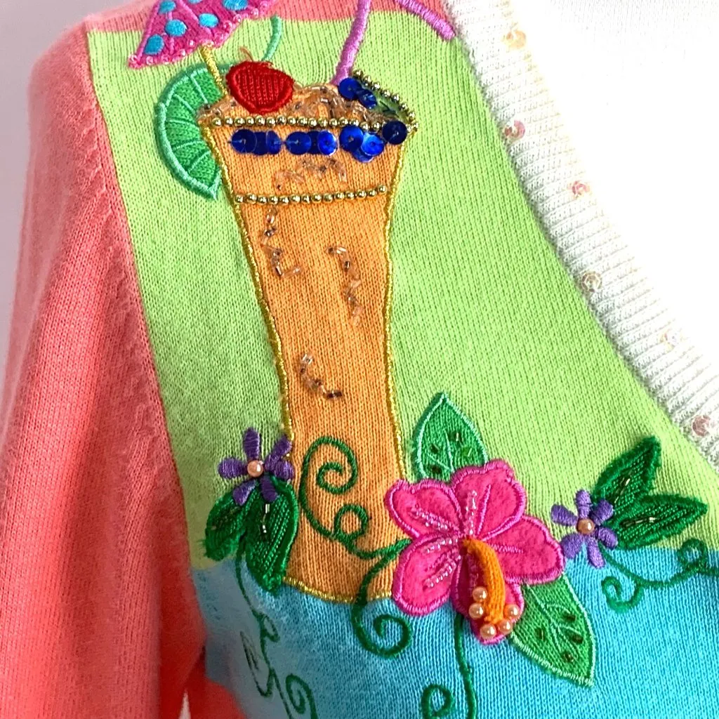 Tropical Summer Drinks Cardigan L Embellished Floral Appliqués Button Up Pink Size L - Image 4