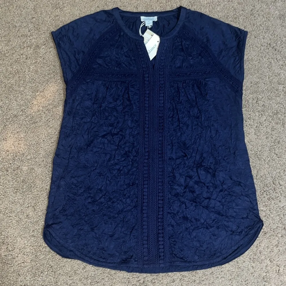 Sundance Romance Textured Short-Sleeve Tee Top‎ Eyelet Lace-Trim Navy Blue Small - Image 2