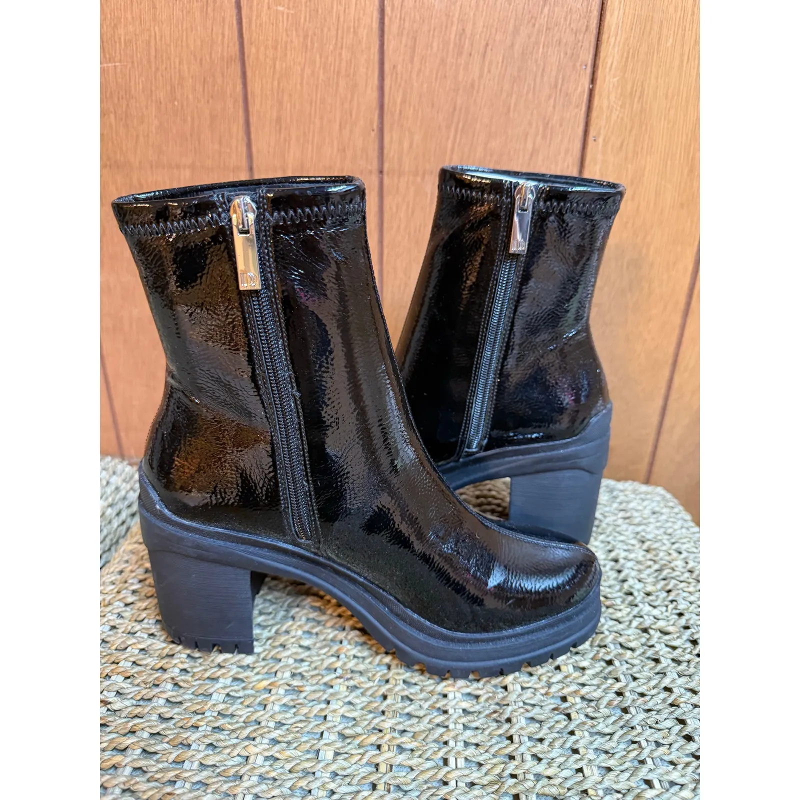 D’amelio Womens 8.5 Black Faux Patent Leather Chunky Chelsea Boots Zipper Grunge - Image 4