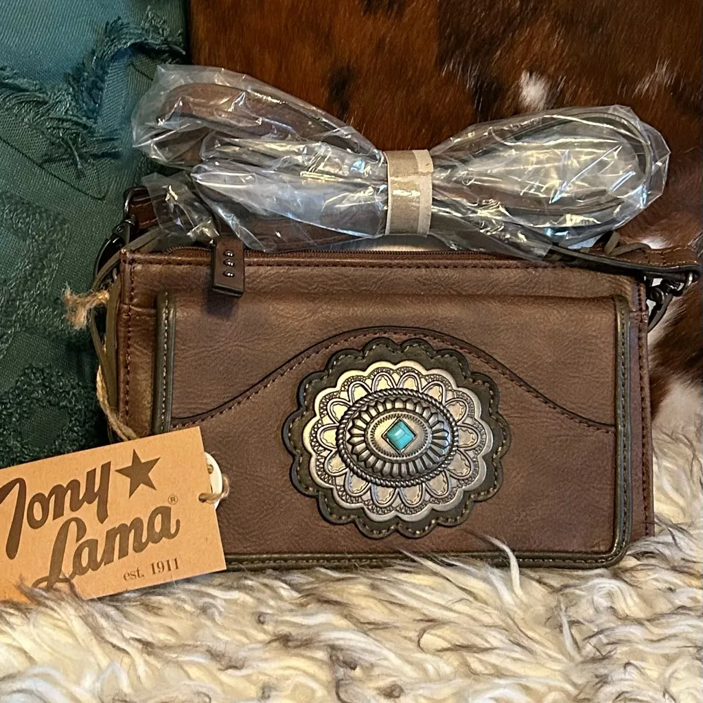 New Tony Lama Western Brown Crossbody Bag with Embellished Concho Design - Image 6